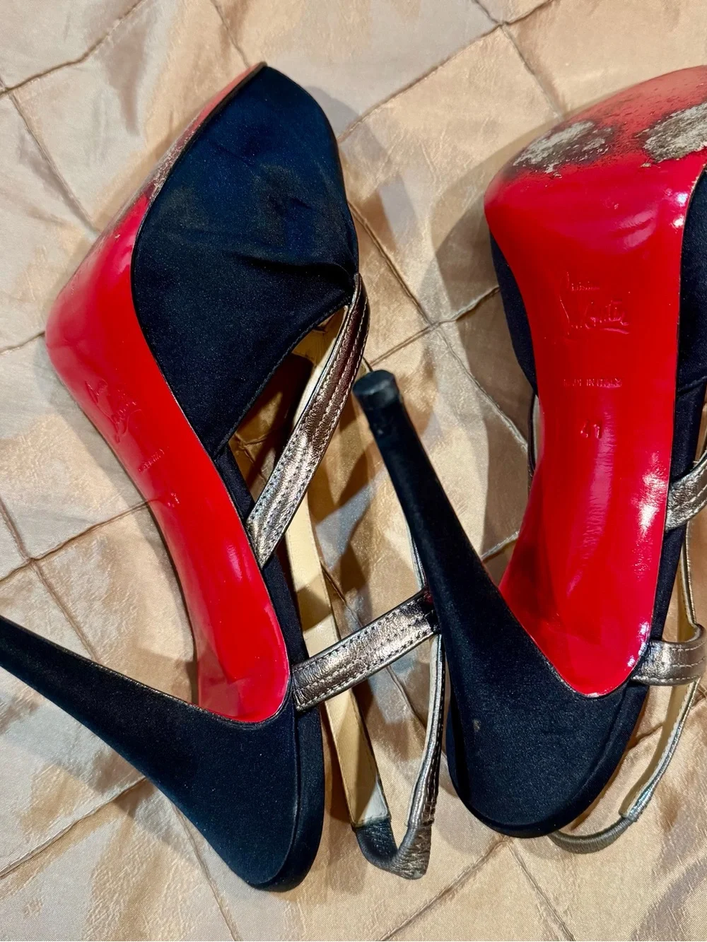 Christian Louboutin Black and Bronze Peep-Toe Slingback Heels